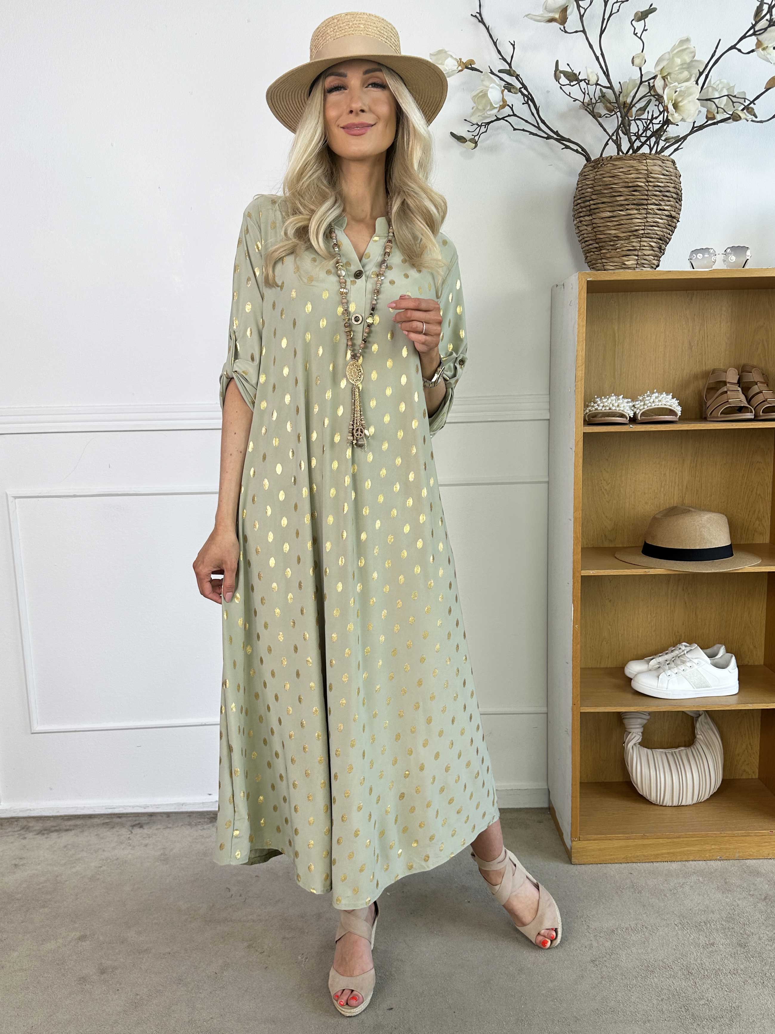Ebba Gold Dress - Lång klänning med resår och guldprickar
